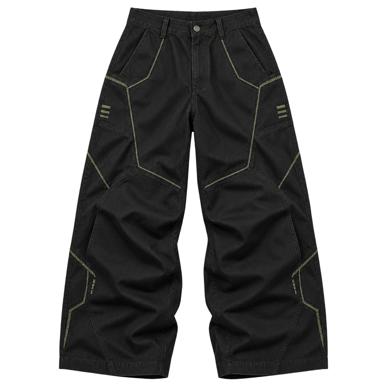 Front flat lay of iron Iron March trousers with a field-green utilitarian seam map across the thighs.