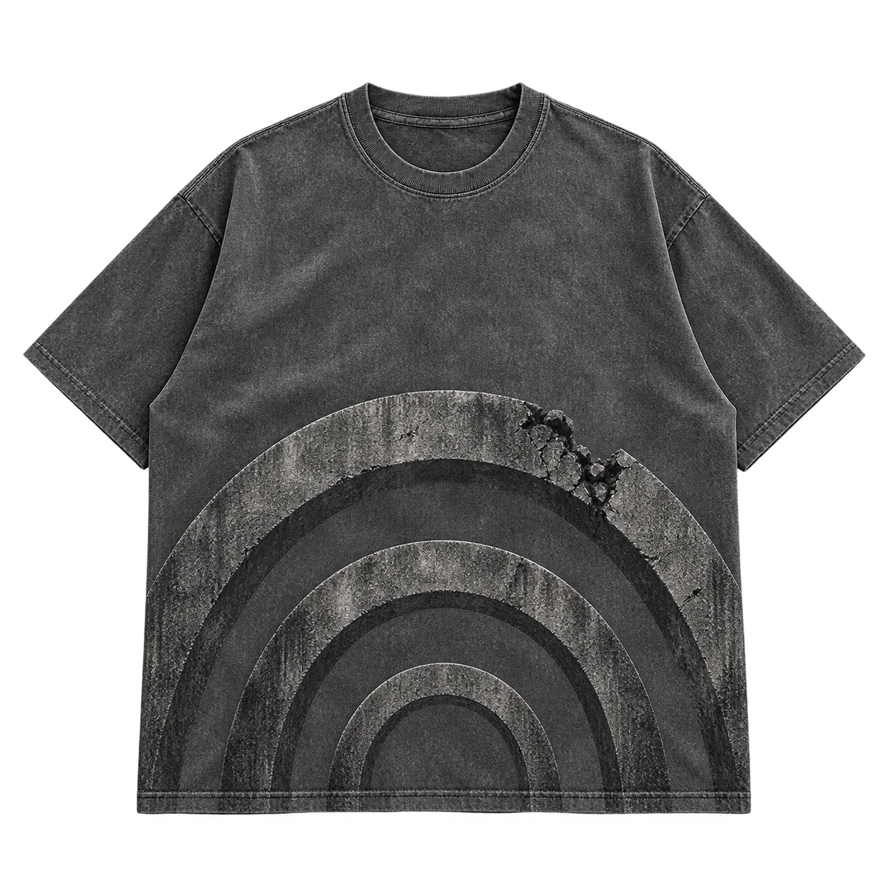 Front flat lay of the washed stone Last Wall tee with three original dark architectural arcs.