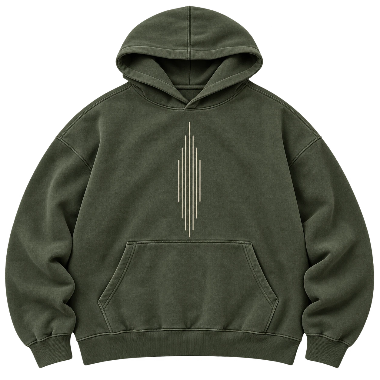 Front flat lay of the field green Sky Regiment hoodie with a narrow bone upward-line field.