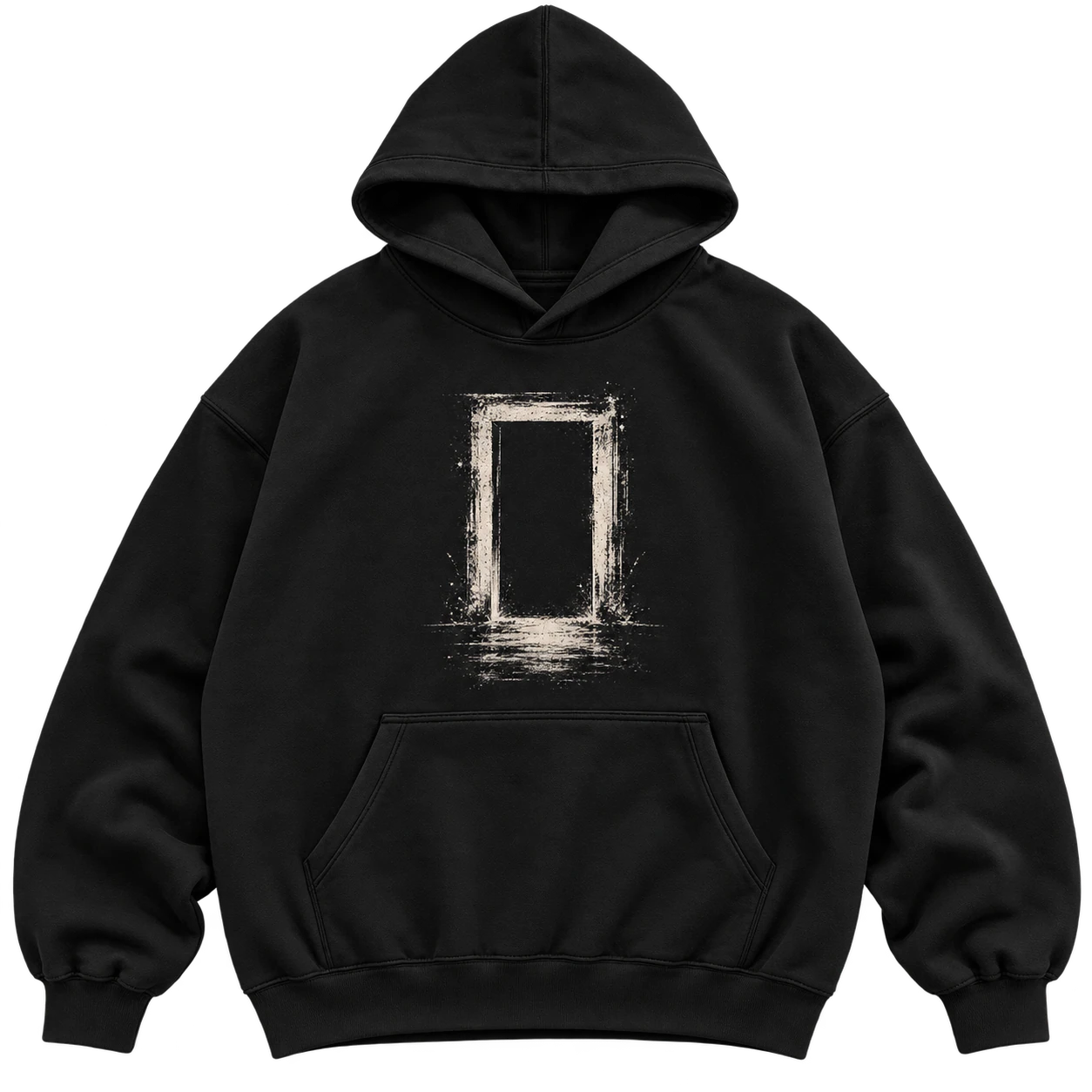 Front flat lay of the dense black Black Gate hoodie with an offset off-white rectangular portal.