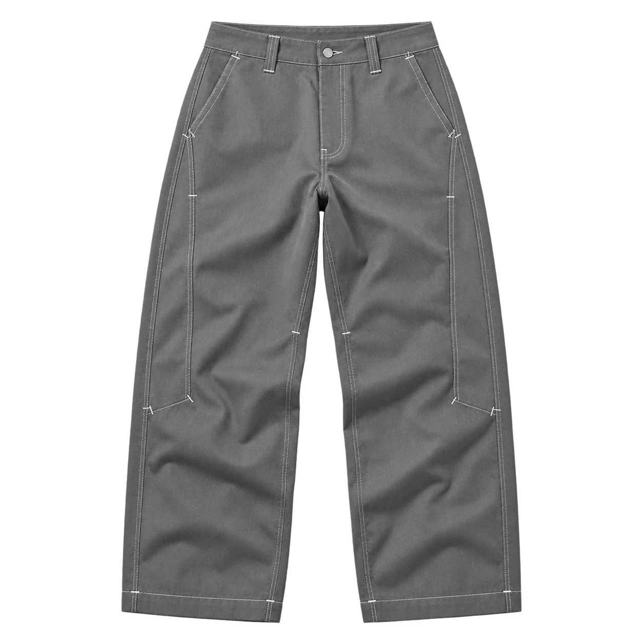 Front flat lay of cool gray Spirit Thread trousers with an original white contrast-stitch system.