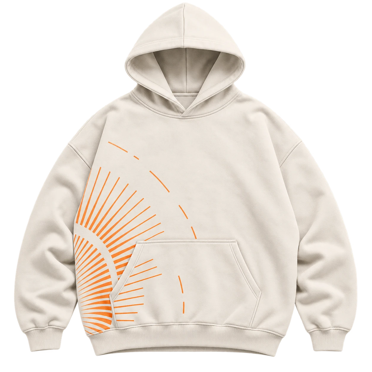 Front flat lay of the warm bone Sunstep hoodie with a restrained orange partial radial study.
