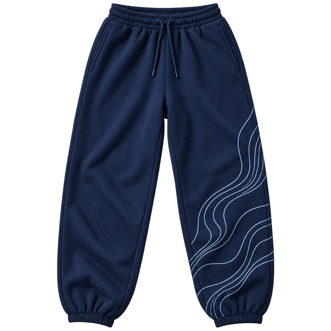 Front flat lay of deep navy Water Rhythm pants with pale blue flowing contour lines around the right leg.