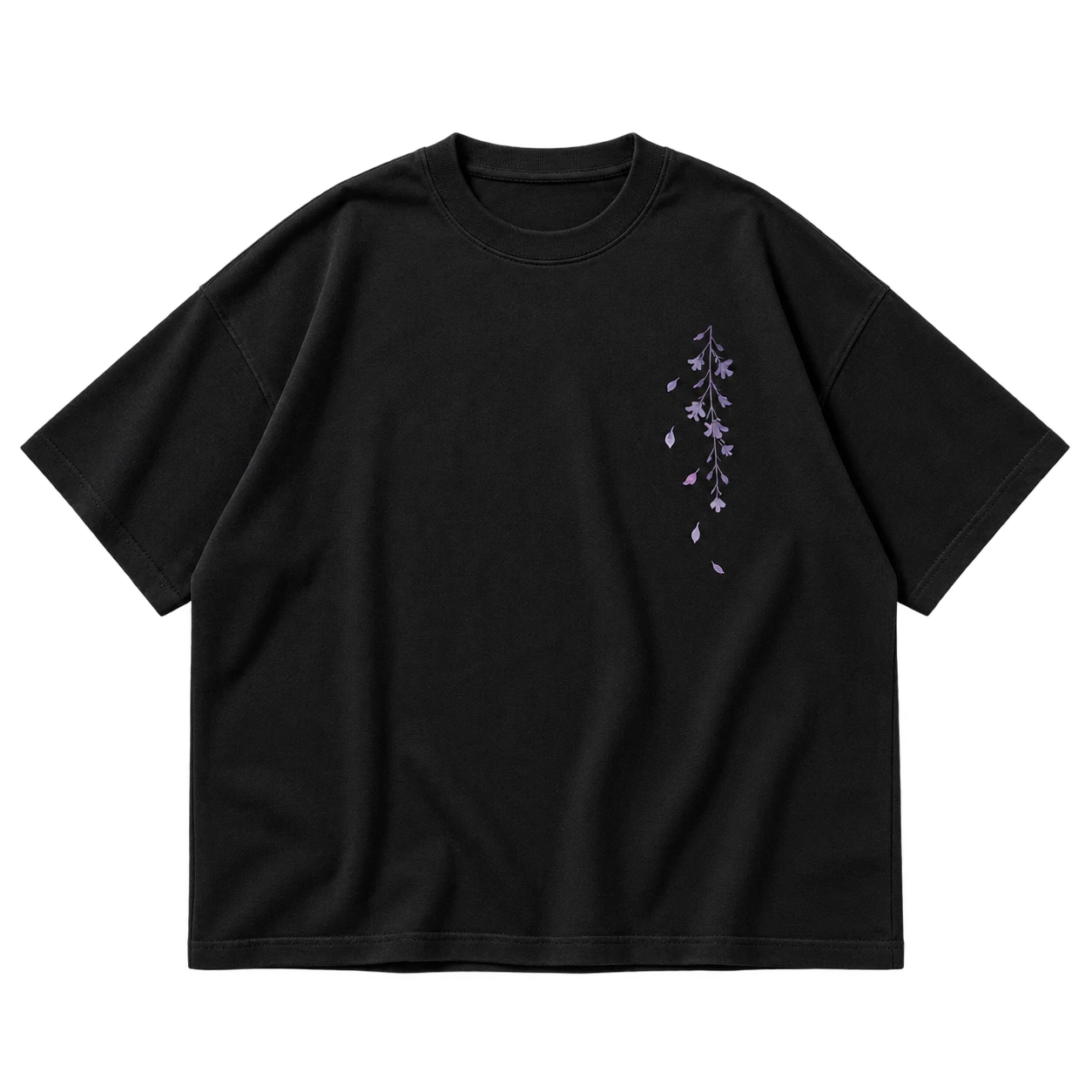 Front flat lay of the ink black Wisteria Night tee with a small violet original botanical line.