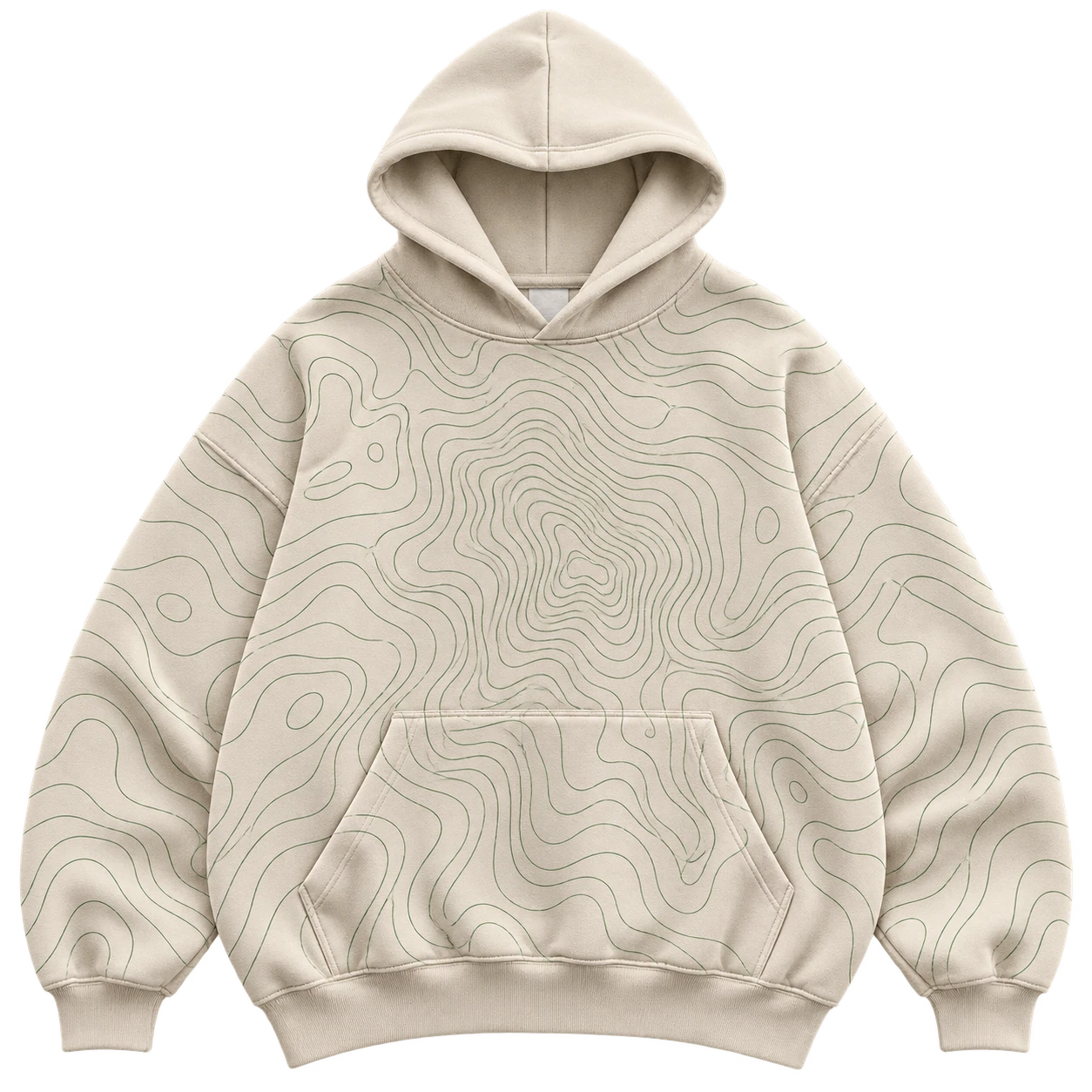 Front flat lay of the chalk Aura Circuit hoodie with an original green contour field across the torso.