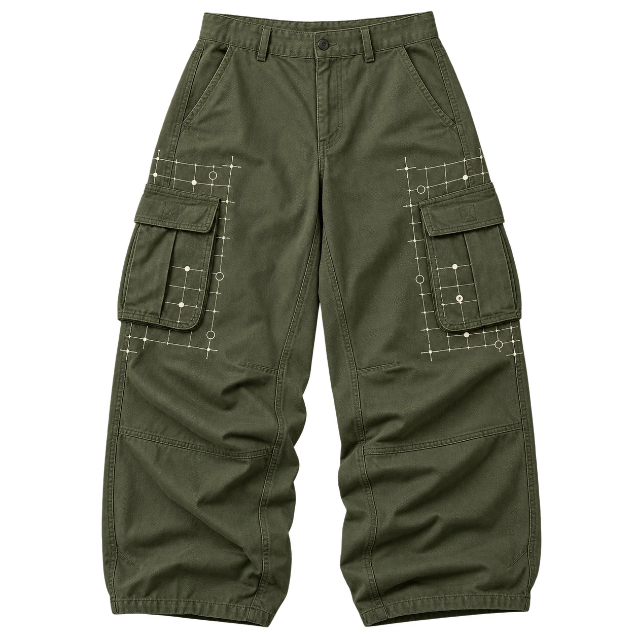 Front flat lay of moss Gameboard cargo trousers with chalk coordinate ticks around the pockets.