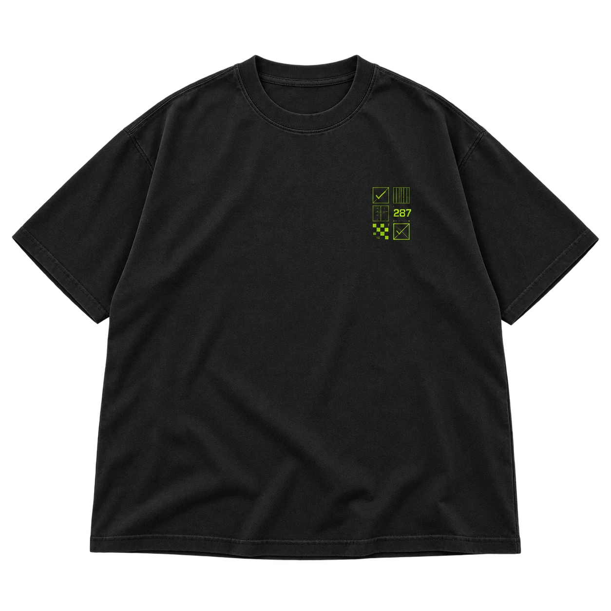 Front flat lay of the carbon black License 287 tee with a small original green numeric grid.