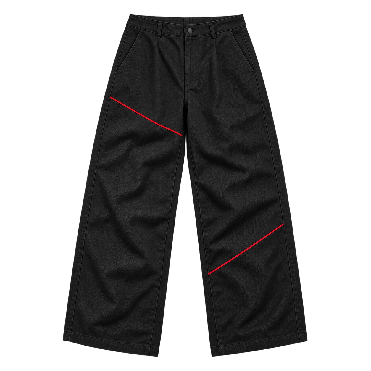 Front flat lay of black Binding Line trousers crossed by thin red restriction lines at thigh and calf.