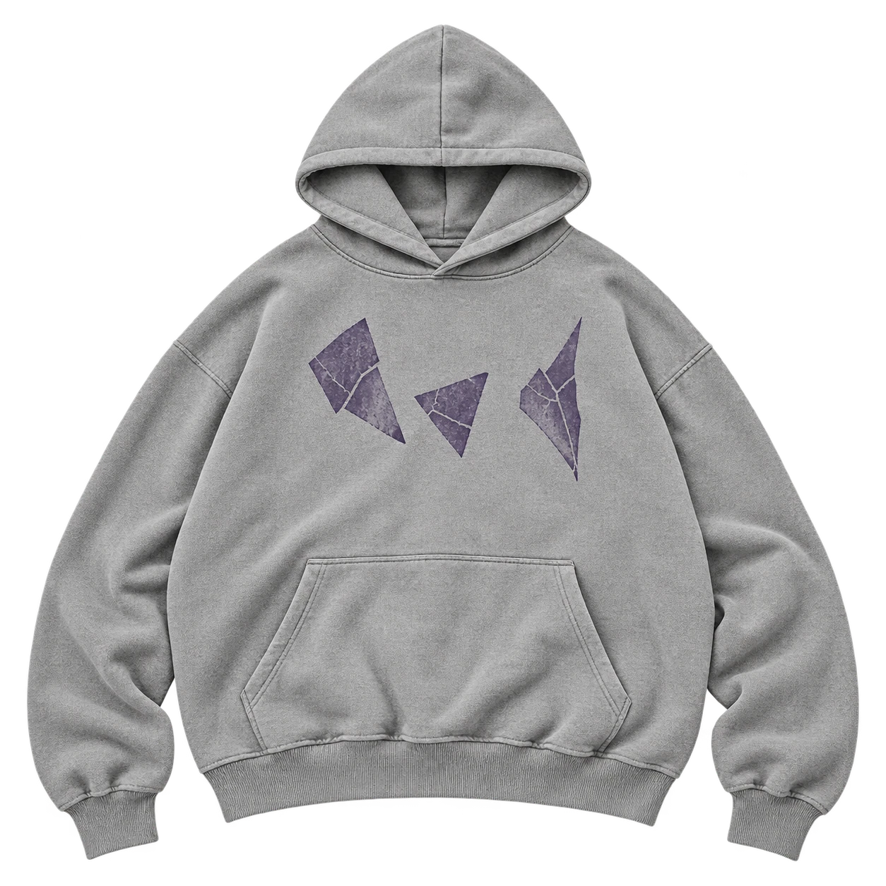 Front flat lay of the ash Cursed Geometry hoodie with three original violet broken tiles.