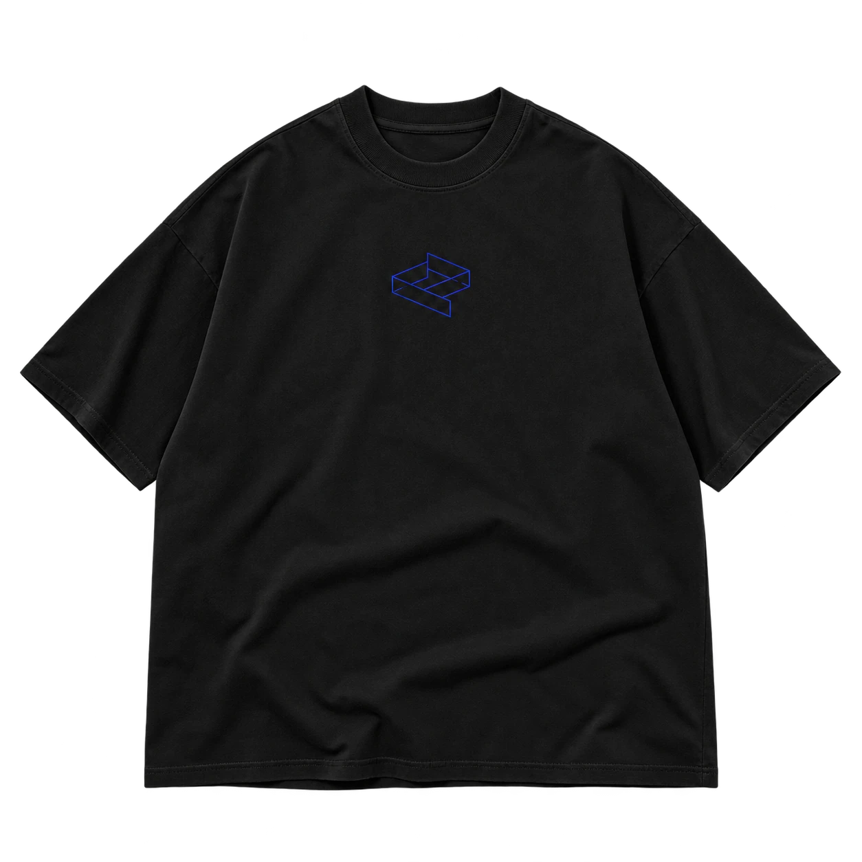 Front flat lay of the void black Infinite Fold tee with a small cobalt impossible-fold line.
