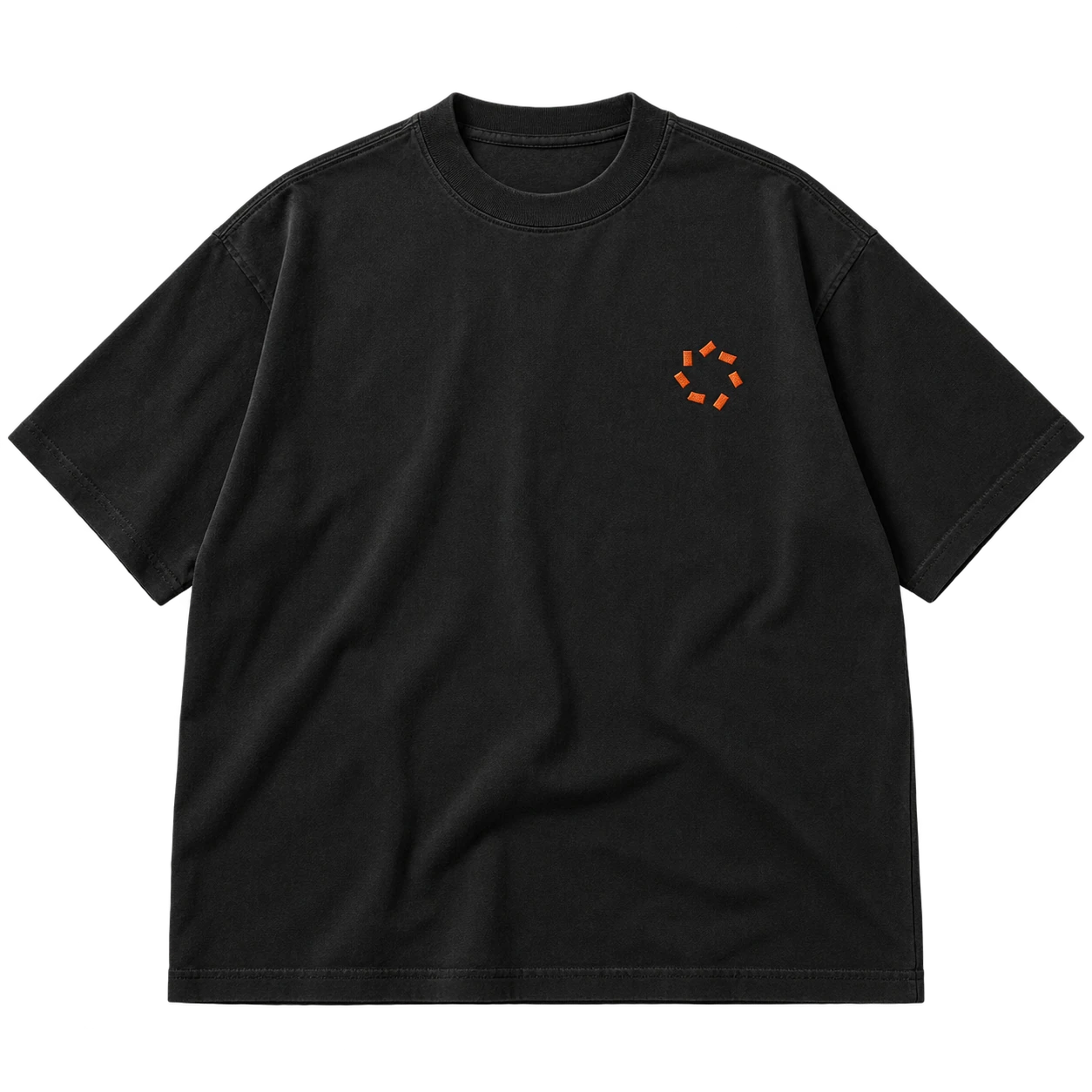 Front flat lay of the soot black Ember Spiral heavyweight tee with a small orange broken spiral at the left chest.