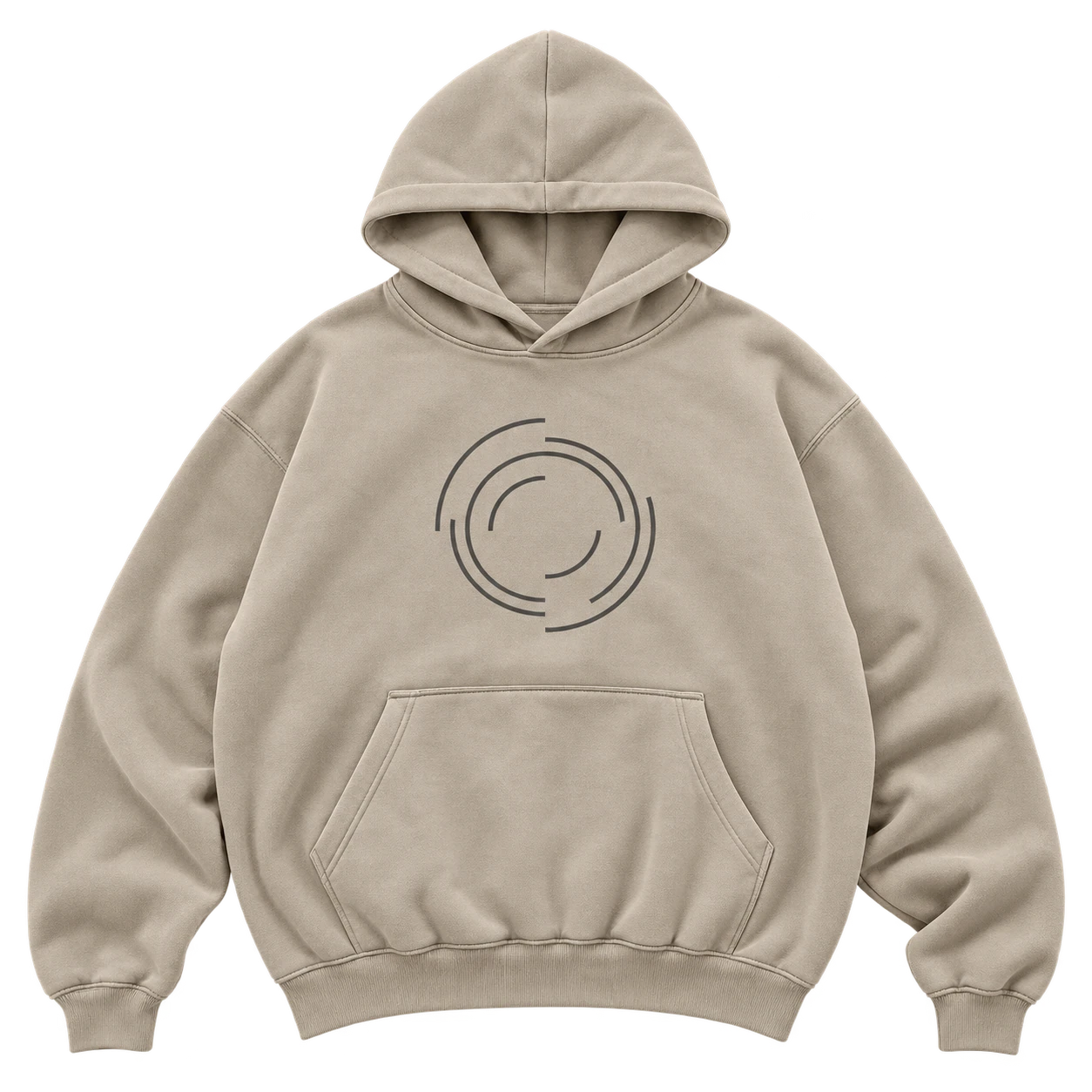 Front flat lay of the mineral sand Silent Seal heavyweight hoodie with a charcoal open-ring diagram.