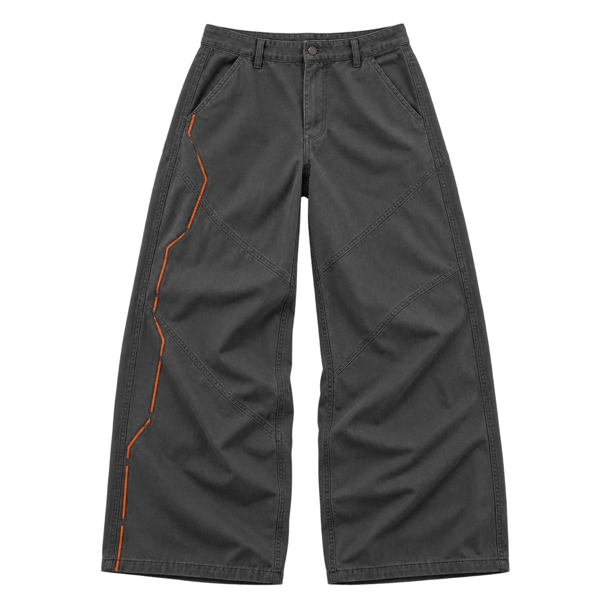 Front flat lay of charcoal Wind Trace trousers with diagonal seams and an orange segmented line down the right leg.