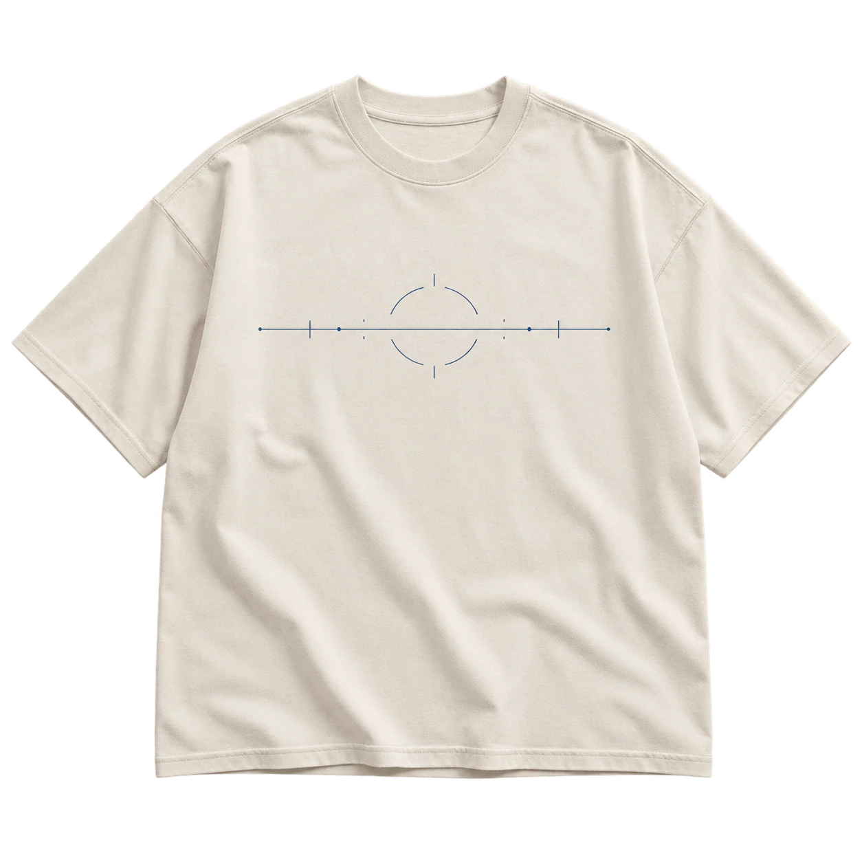 Front flat lay of the bone Blue Horizon tee with a thin ocean-blue horizon instrument across the chest.