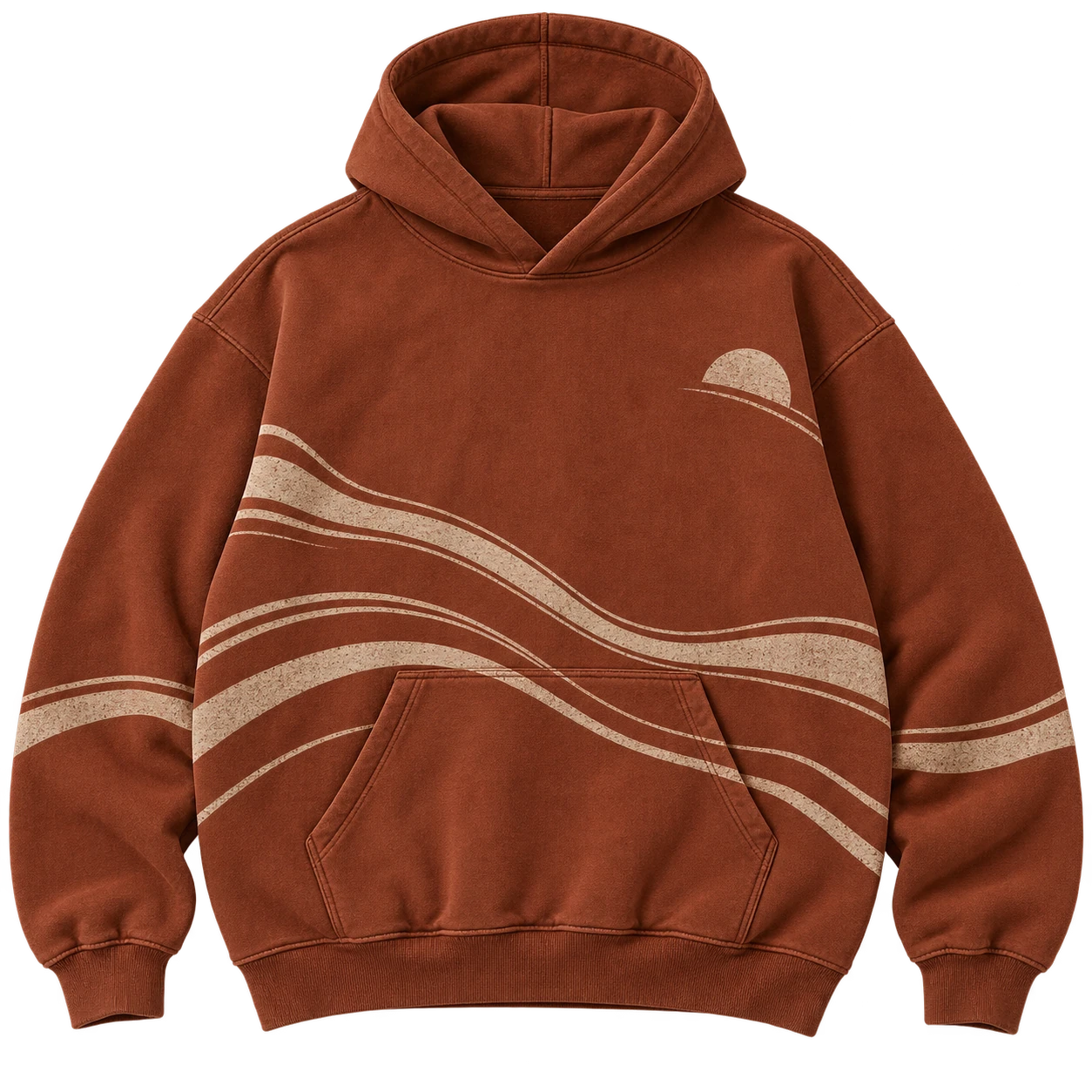 Front flat lay of the oxide rust Dawn Current hoodie with bone current bands and an offset rising disc.