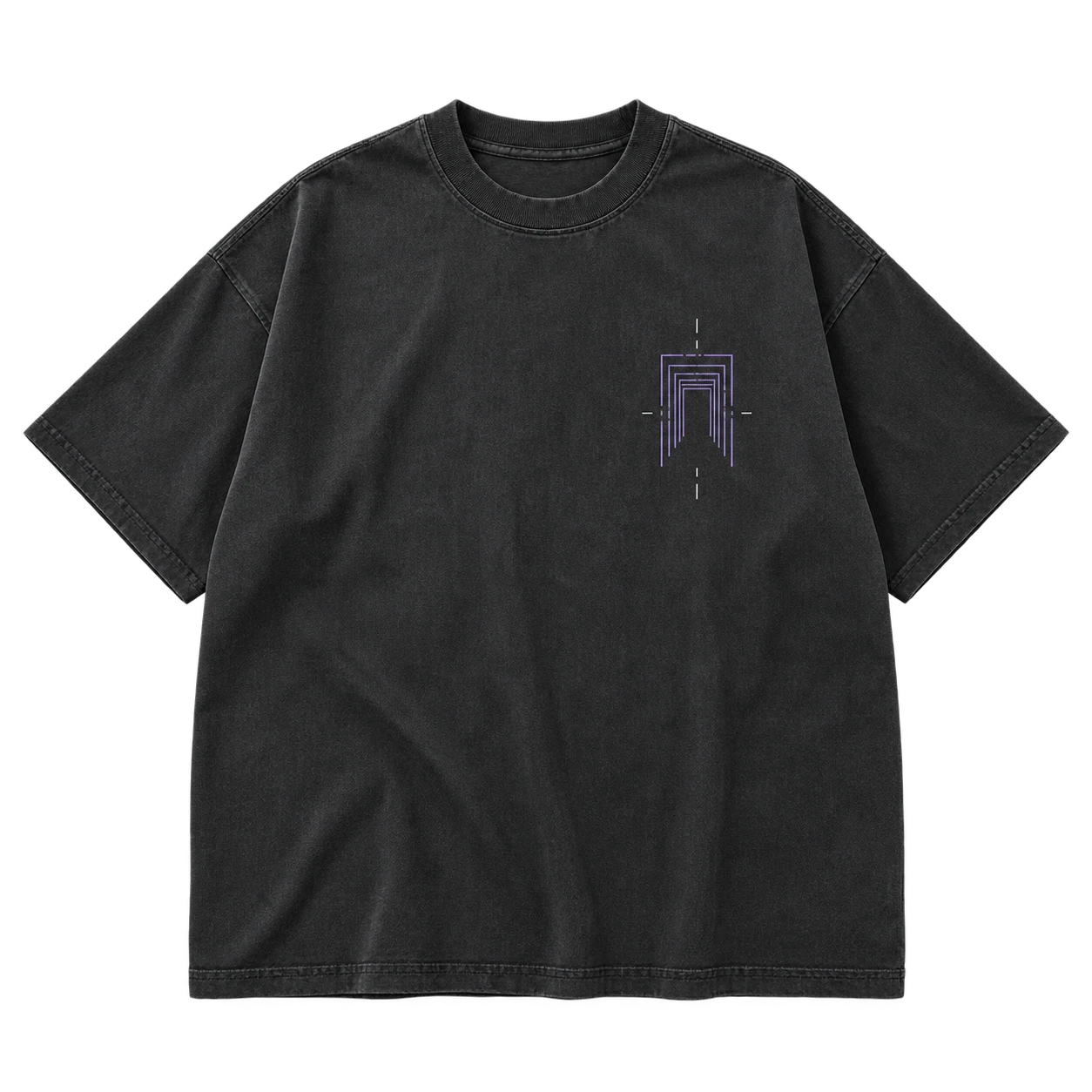 Front flat lay of the charcoal Ascension Gate tee with a small violet open-portal grid.