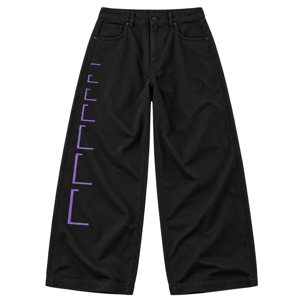 Front flat lay of ink Monarch Stack trousers with descending violet bracket hierarchy marks.