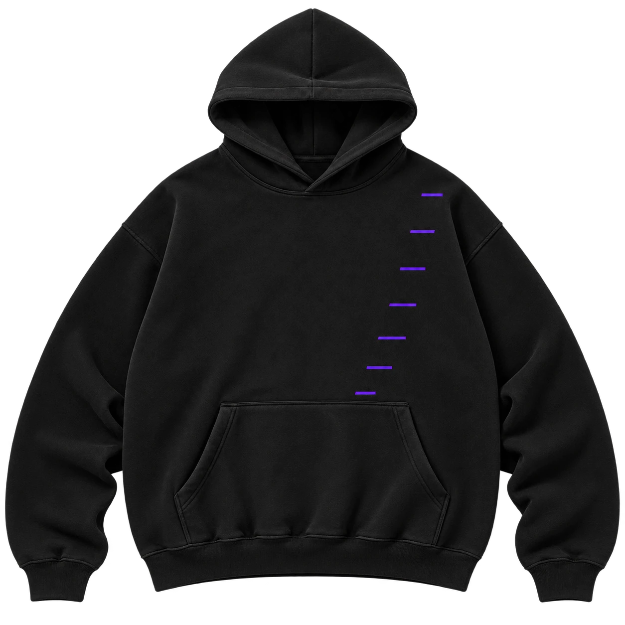 Front flat lay of the void black Shadow Rank hoodie with violet bars climbing the right side.